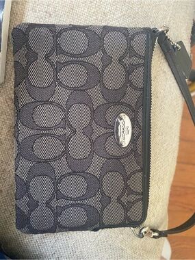Coach Black and Gray Signature Canvas Wristlet with Silver Plaque